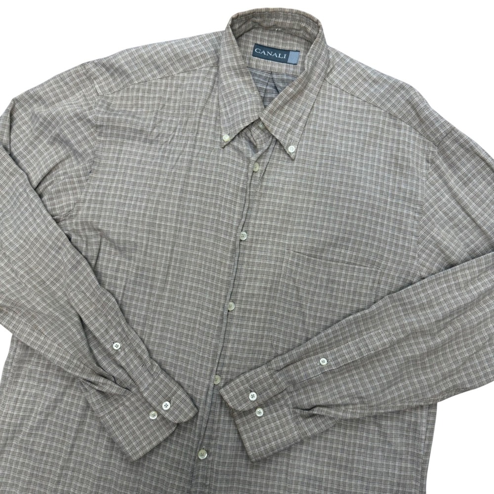 Canali Button Down Shirt Mens Medium Brown Plaid Viscose Blend Made In Italy M